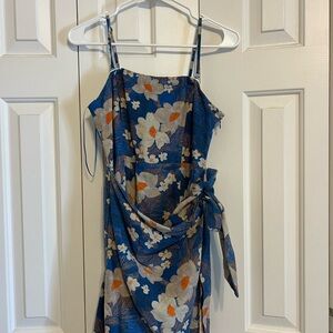 Urban Outfitters Blue Floral Wrap Midi Dress with Orange Accents